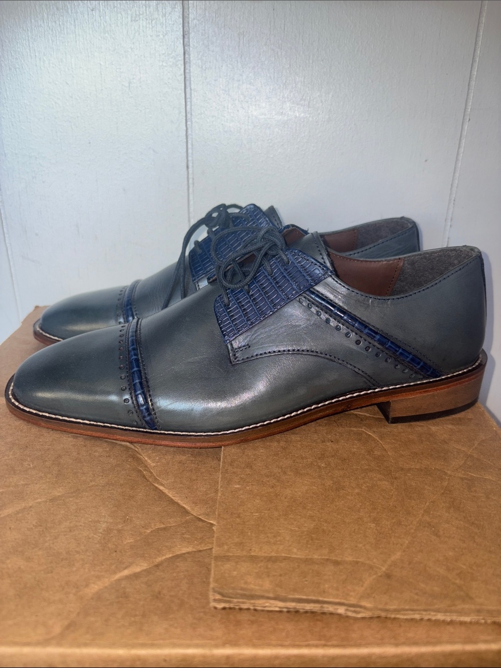 Men's Stacey Adams Gray & Navy Leather Dress Oxfords size 8.5M